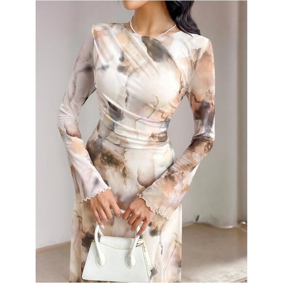 Women's Mesh Maxi Dress Fall Formal Boho Wedding Party Cocktail Tie Dye - Picture 4 of 5